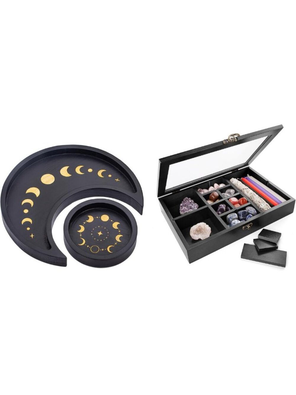 Adjustable Black Wood Crystal Tray & Rock Display Case - Gem Holder with Lid